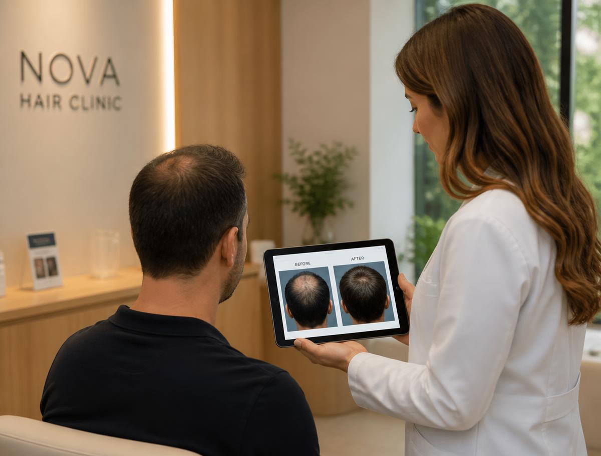 Profissional apresentando comparativo antes e depois do tratamento capilar em tablet