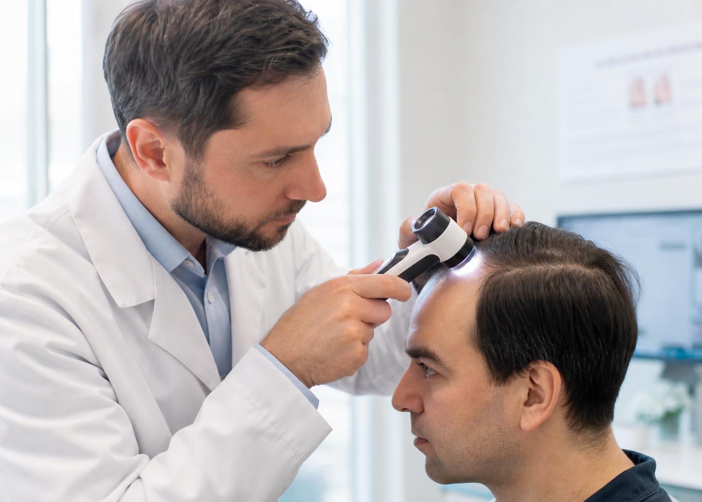 Profissional avaliando o couro cabeludo de um paciente com dermatoscópio digital