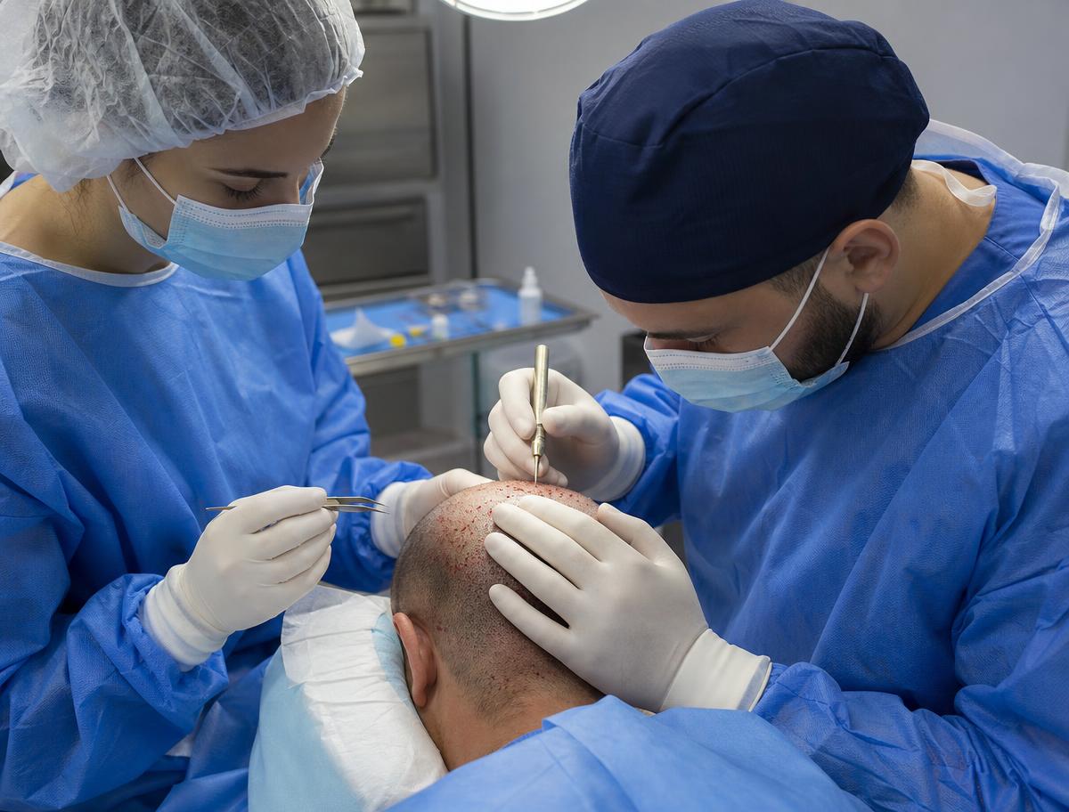 Equipe realizando procedimento de transplante capilar FUE